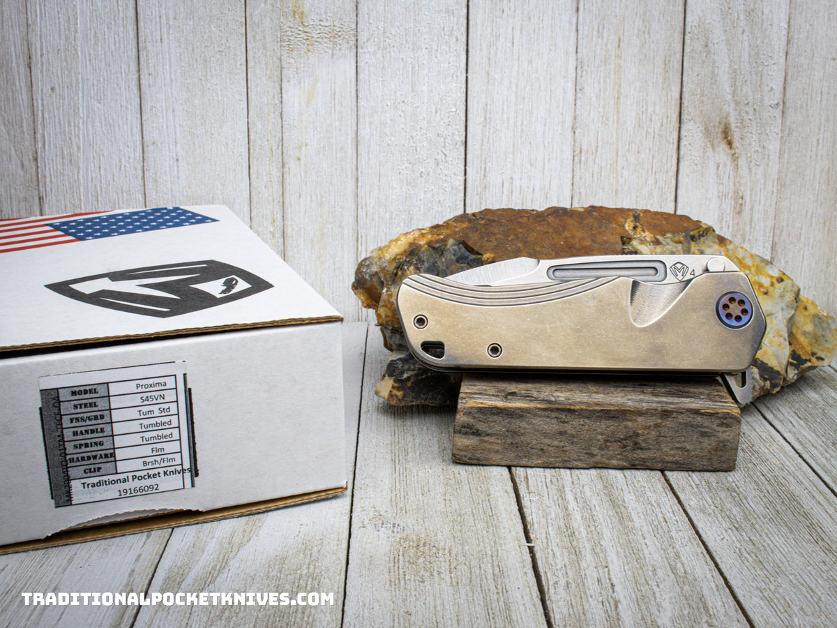 Medford Knives Proxima /  Drop Point / S35VN / Tumbled Handle and Spring / Flamed HW / Brushed Flamed Clip