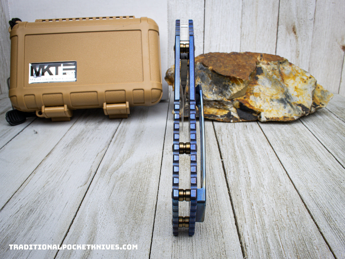 Medford Knives TFF-1 /  Drop Point / S35VN / Faced Flame &quot;Rip Curl&quot; Handle / Blue Spring / Bronze HW / Brushed Flamed Clip