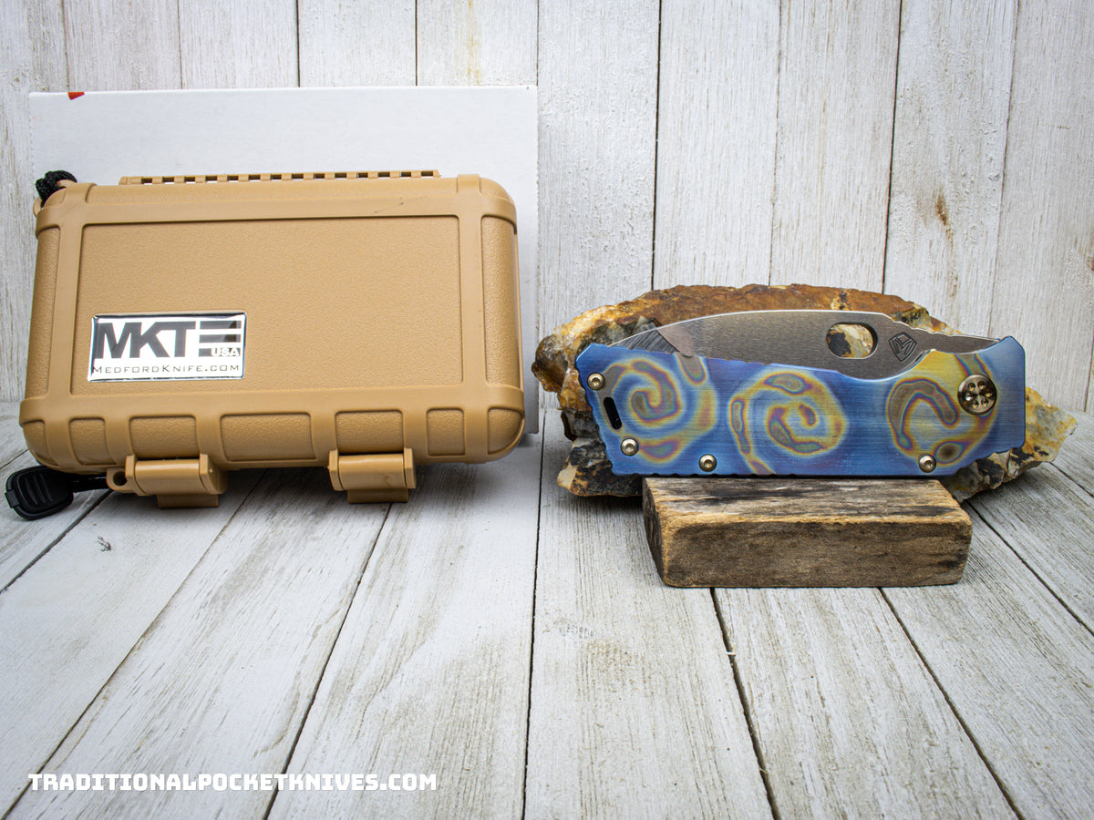 Medford Knives TFF-1 /  Drop Point / S35VN / Faced Flame &quot;Rip Curl&quot; Handle / Blue Spring / Bronze HW / Brushed Flamed Clip