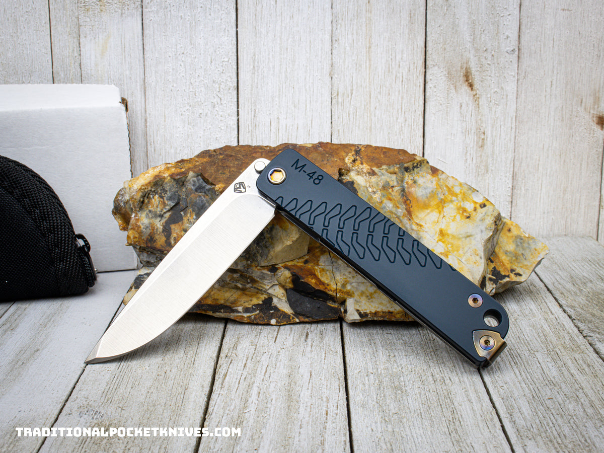 Medford Knives M-48 /  Tumbled Long Drop Point / S35VN / Blue Handle / Tumbled Spring / Flamed HW / Flamed Clip