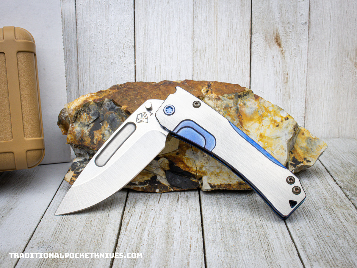 Medford Knives Slim Midi Tumbled Drop Point / S45VN / Blue Handle w/Faced Silver Flats / Blue HW / Blue Clip w/Brushed Silver Flats